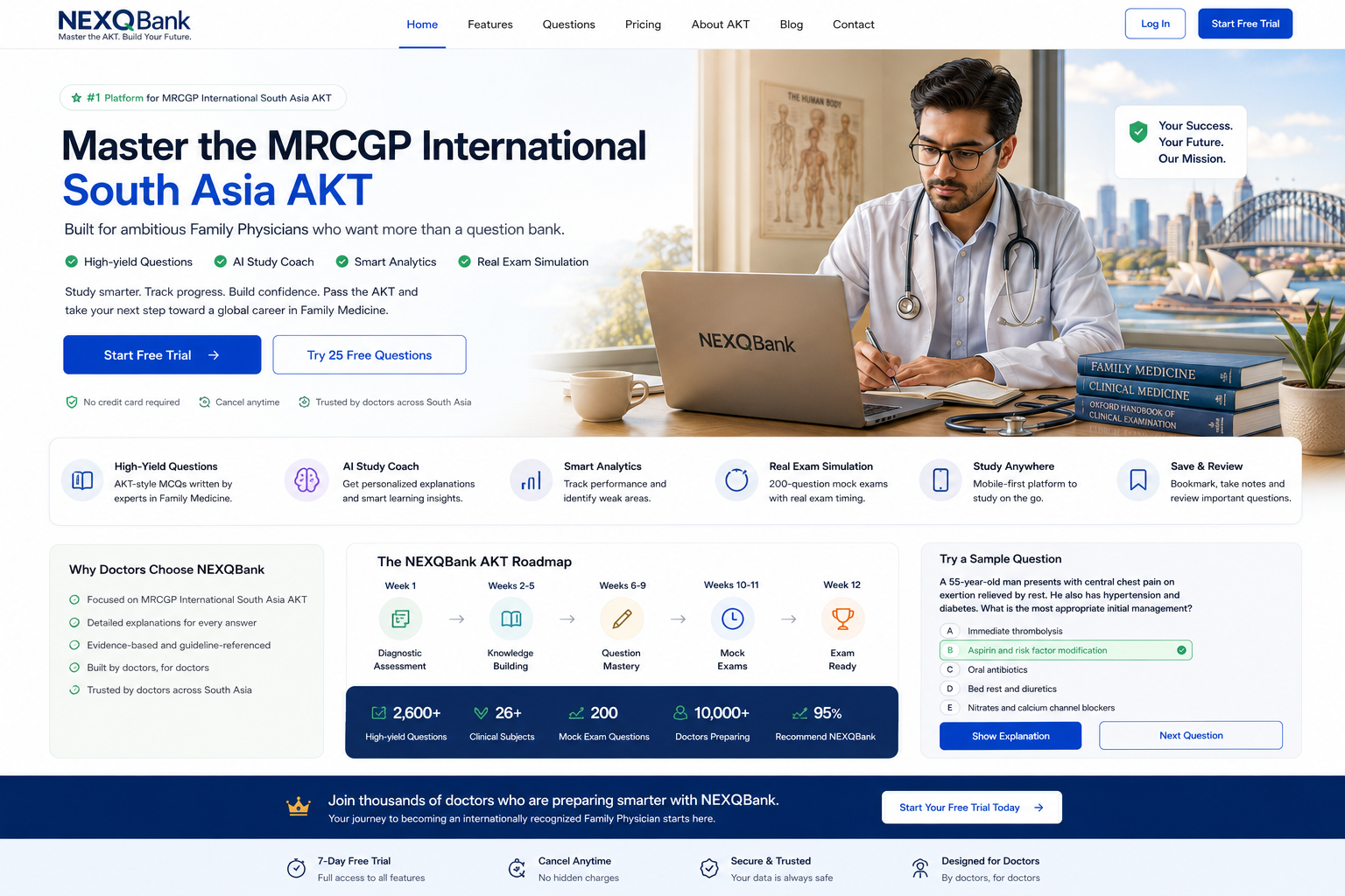 Doctor studying for MRCGP AKT exam at desk with NEXQBank on laptop